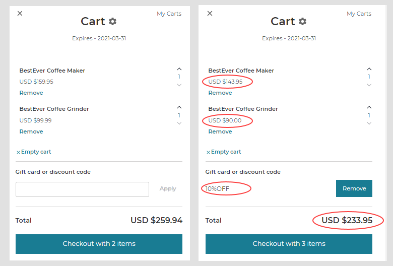 Each item in the cart shows a price that is 10% less than the catalog price.